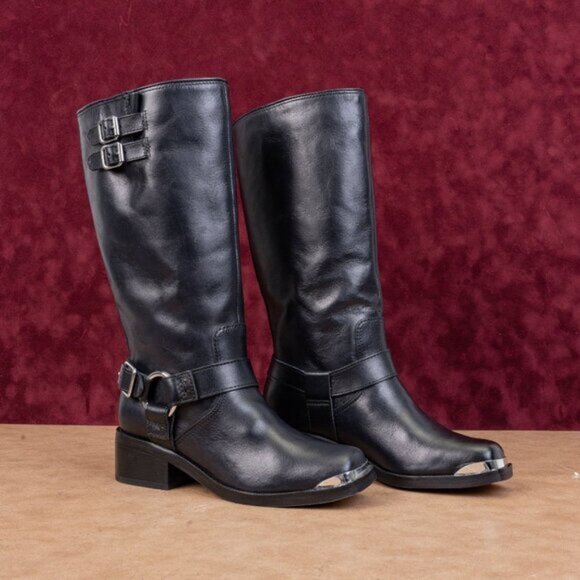 Dolce Vita Women Evi Black Leather Moto Biker Metal Harness Boots sz 6 - Picture 1 of 9